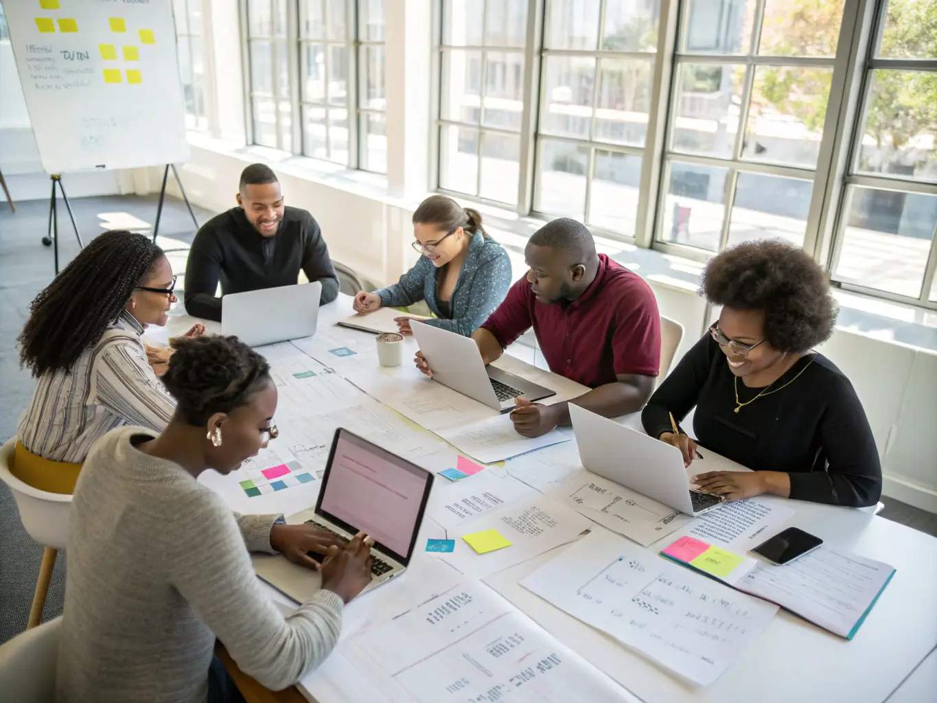 A diverse team of consultants collaborating on a project in a bright office environment.