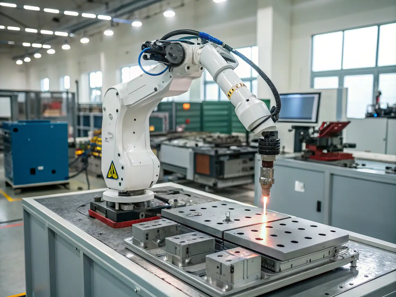 A robotic arm in a manufacturing setting, actively engaged in assembling parts.
