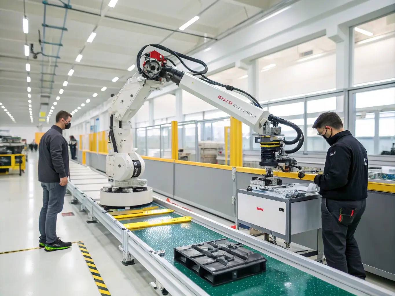 A robotic arm assembling components on a bright factory floor, with workers observing.