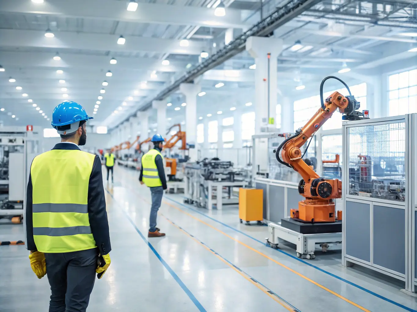 A modern factory floor with advanced manufacturing equipment and robotics in action.