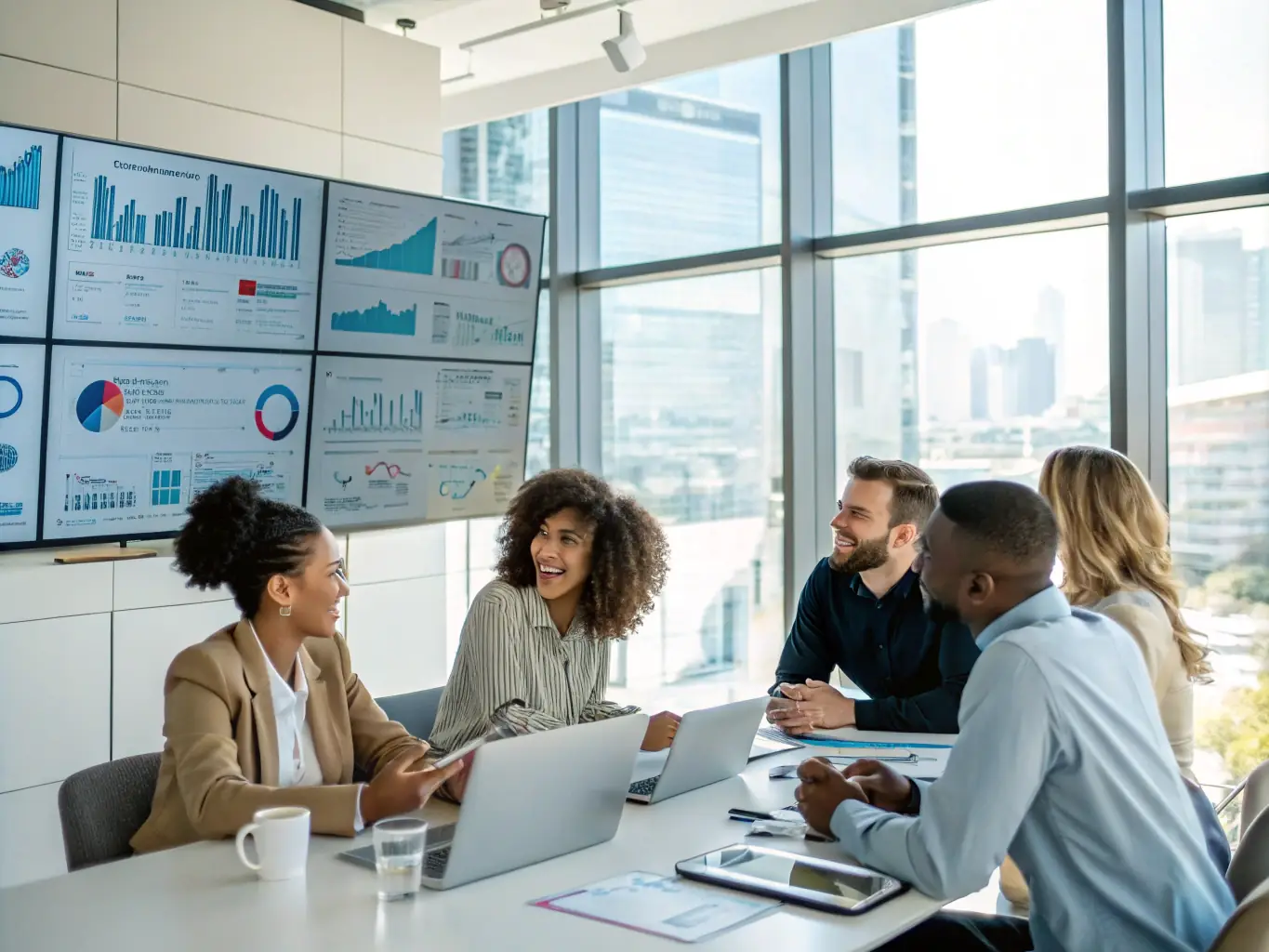 A team of consultants discussing innovative solutions in a modern office setting.
