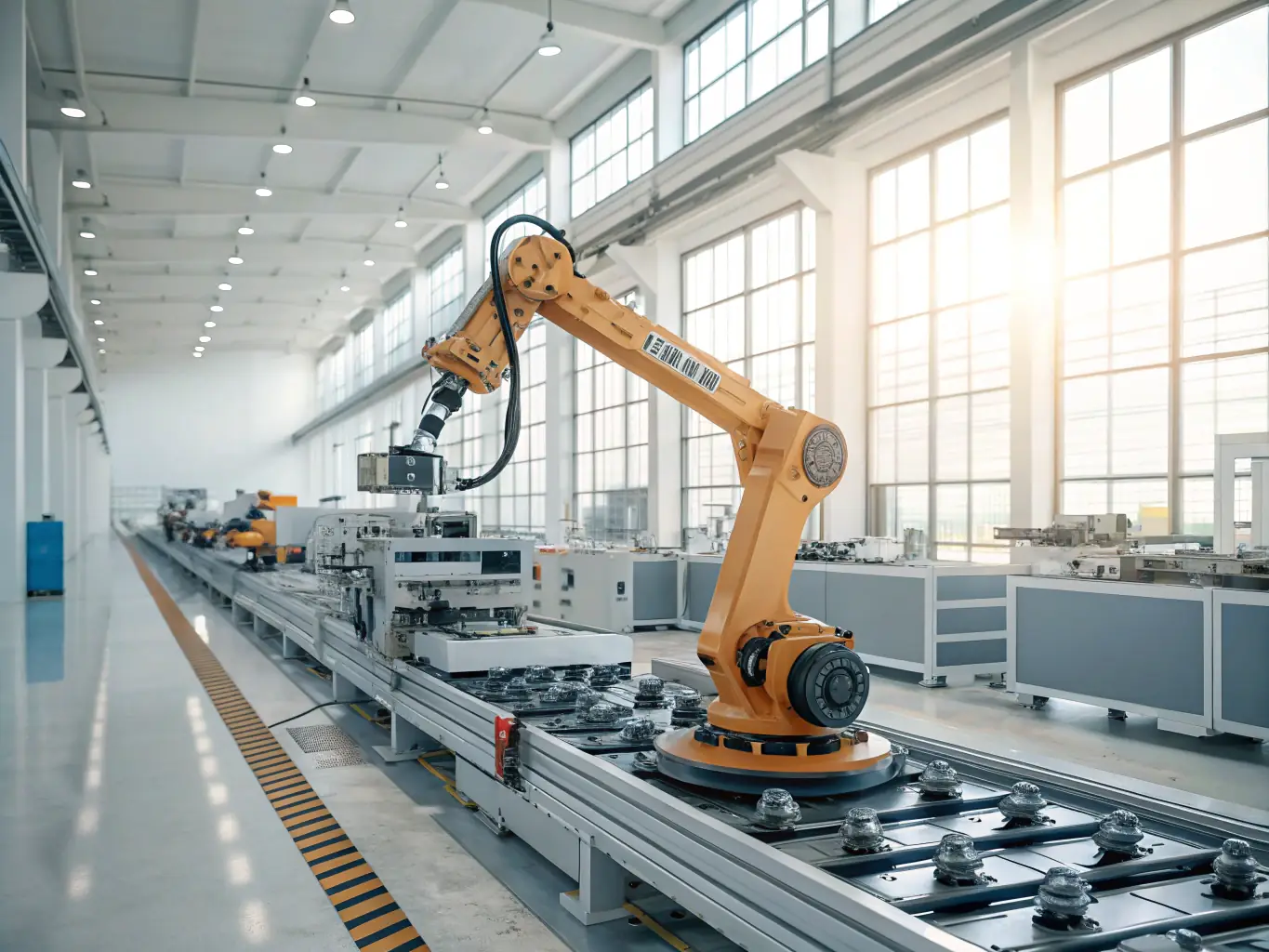 A robotic arm working on an assembly line in a bright manufacturing plant.