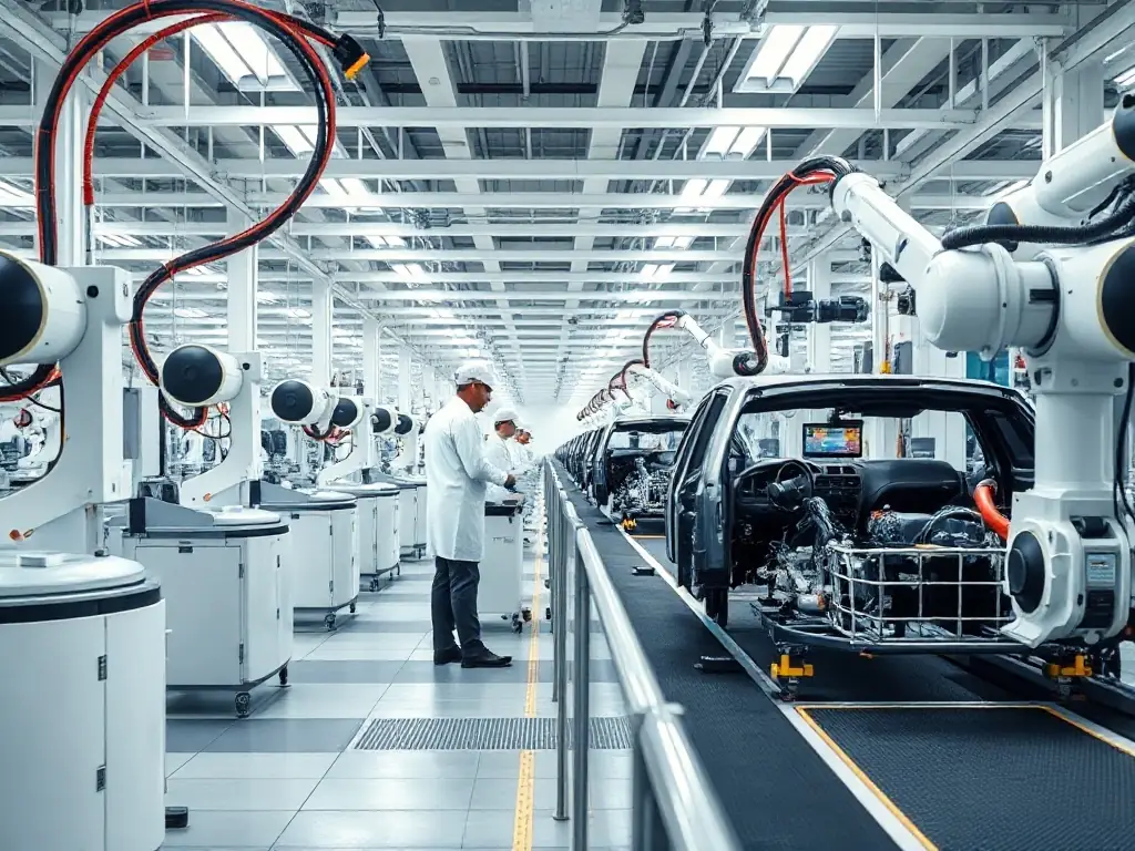A professional image of an automotive assembly line with advanced automation systems and robotics, highlighting innovation and precision in a clean, well-lit industrial environment.