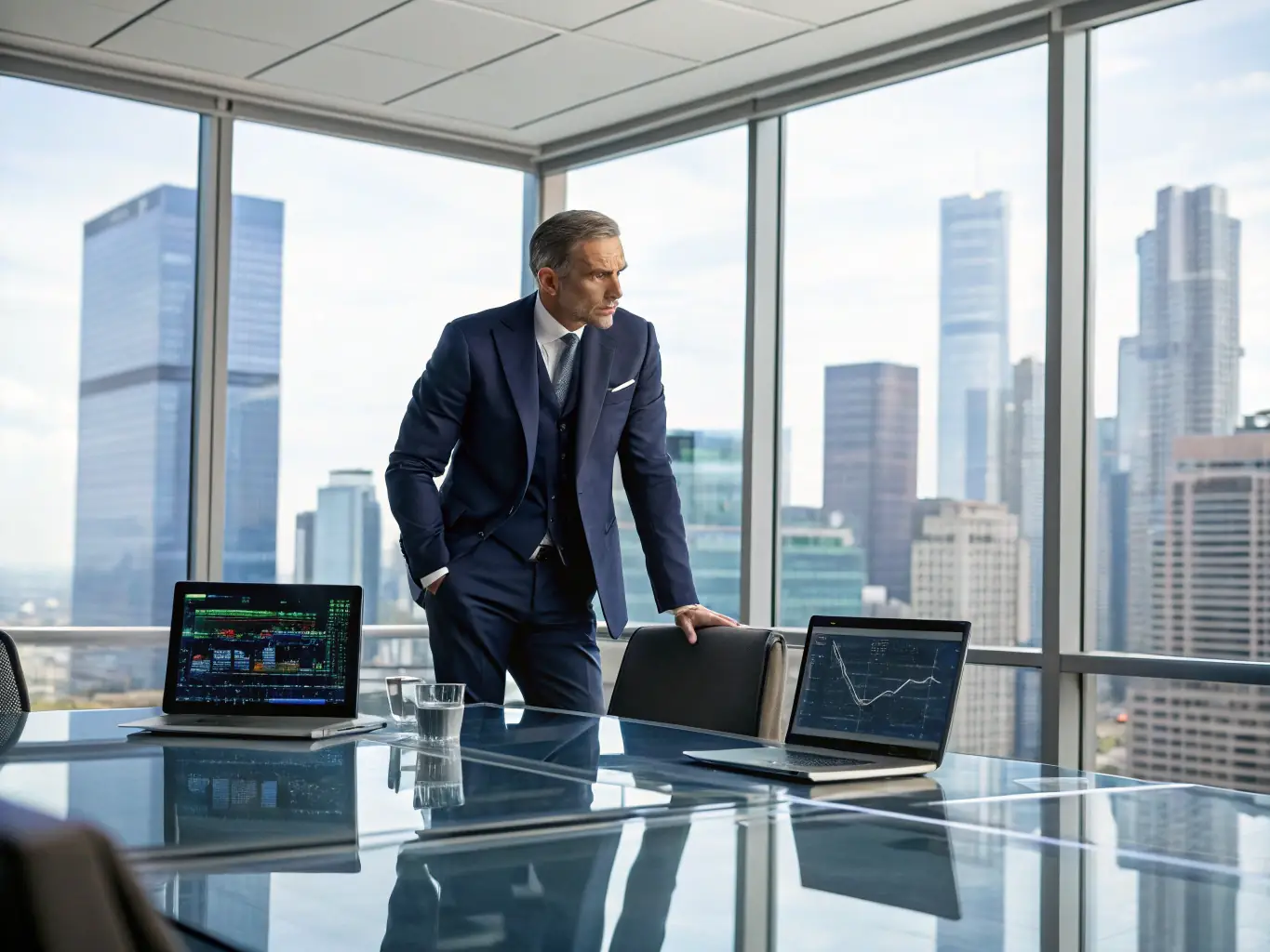 A modern, high-end photograph of a consulting expert in a tailored suit leading a strategy session with manufacturing executives in a bright, minimalist boardroom, emphasizing collaboration and operational transformation.