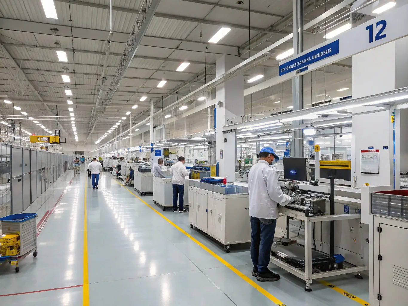 A high-end photograph of a modern manufacturing plant floor, showing streamlined workflows, advanced machinery, and engaged staff in safety gear, conveying operational efficiency and professionalism for a consulting firm’s website.
