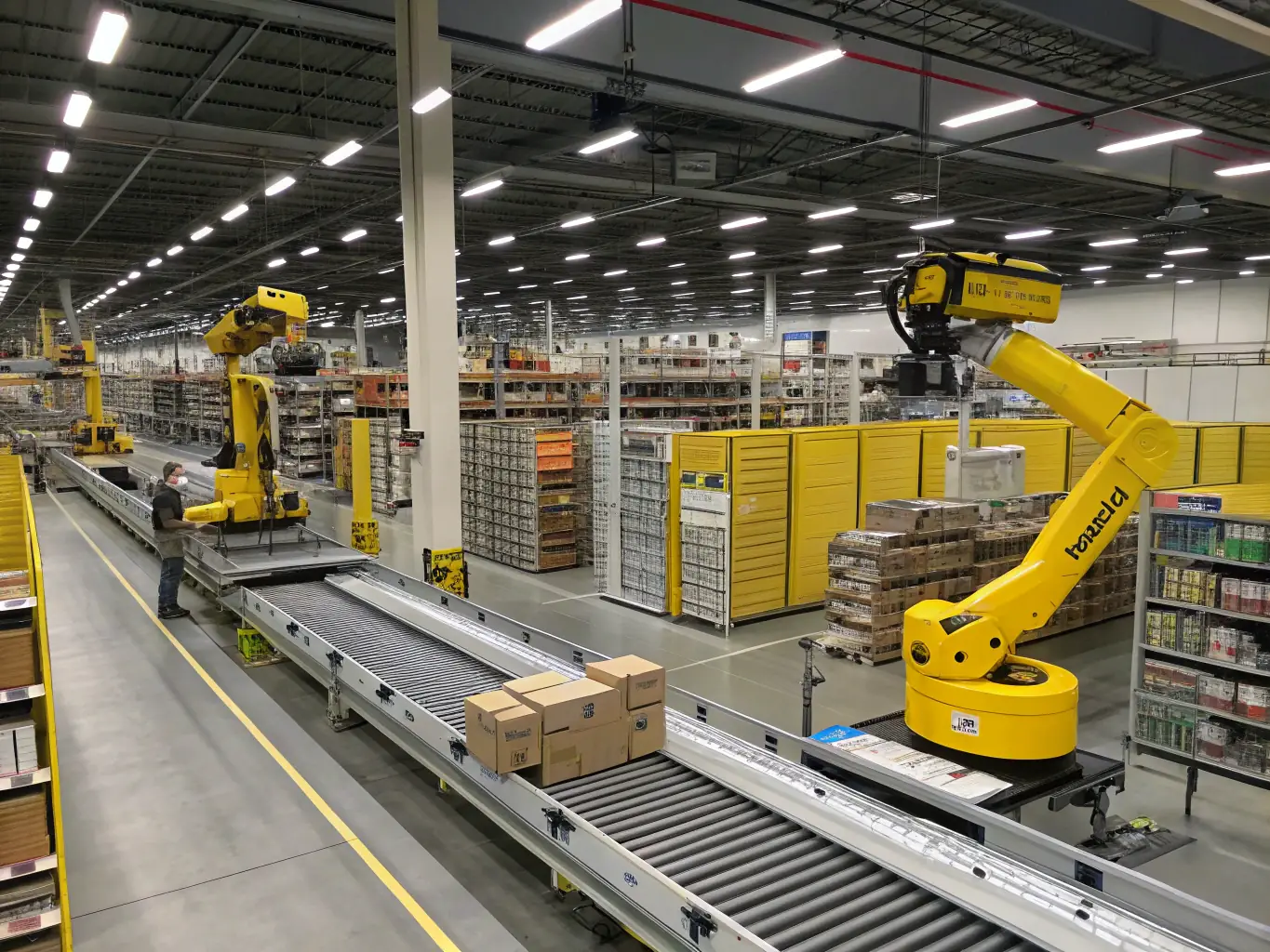 A sleek, minimalist photo of a logistics warehouse with automated guided vehicles, organized inventory racks, and a consultant reviewing process maps with a logistics director, conveying lean automation in action.
