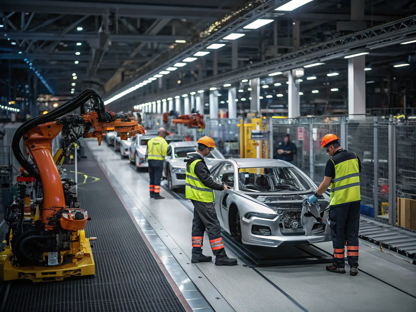 A professional image of an automotive assembly line with advanced robotics and engineers in safety vests analyzing data on digital tablets, highlighting innovation and efficiency in the automotive sector.