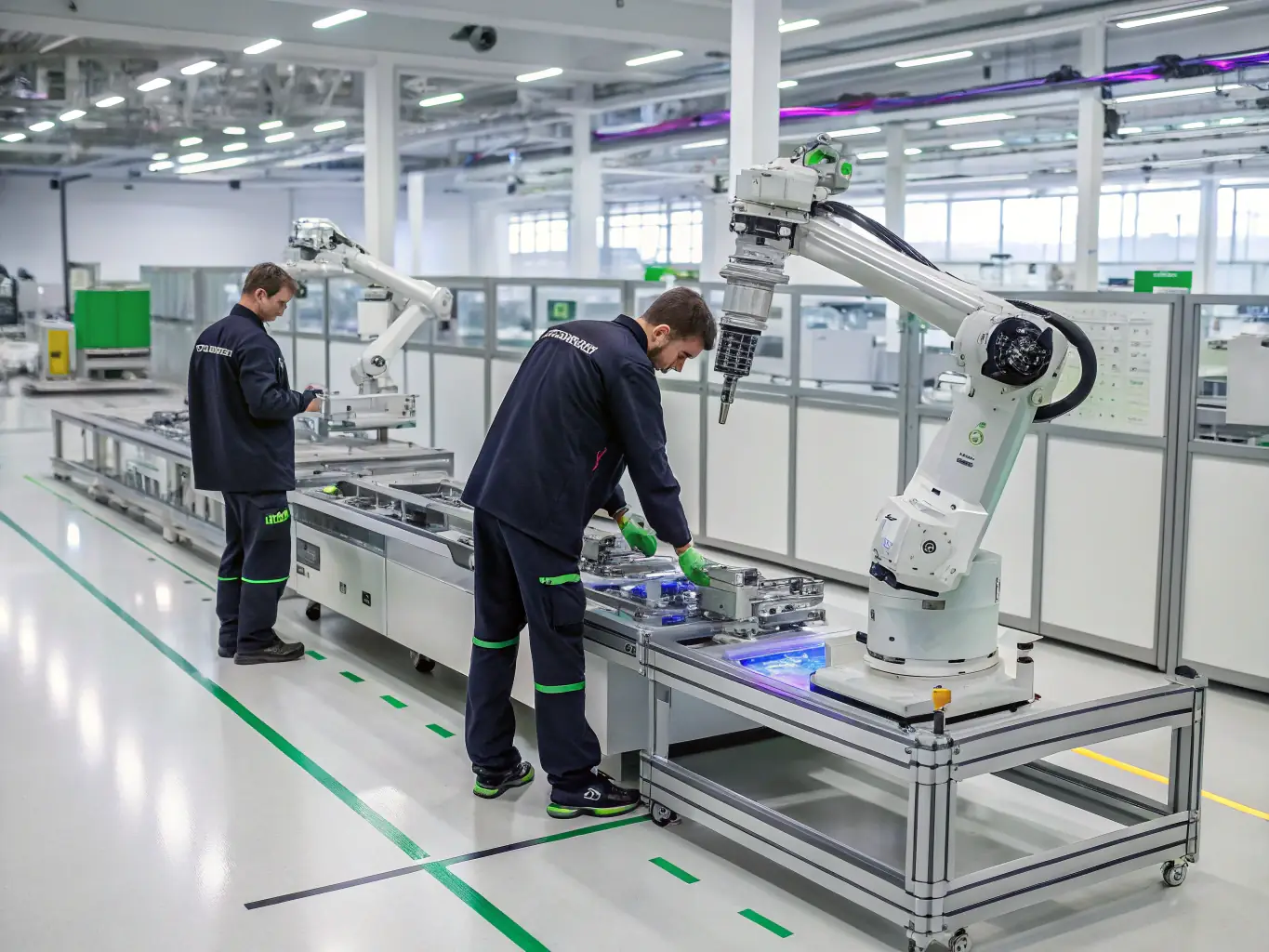 A detailed image showing a robotic arm working alongside human operators on an assembly line, highlighting the integration of automation technology in industrial environments.